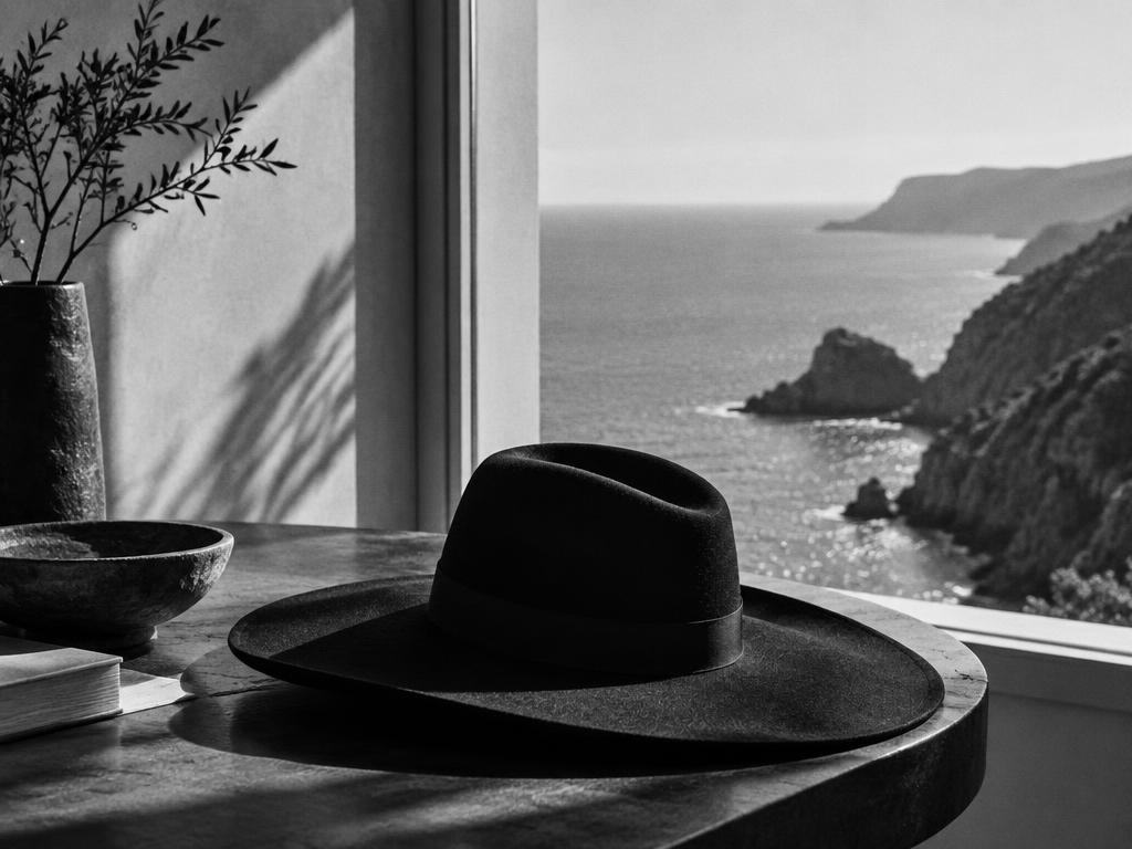 Black hat beside a coastal window