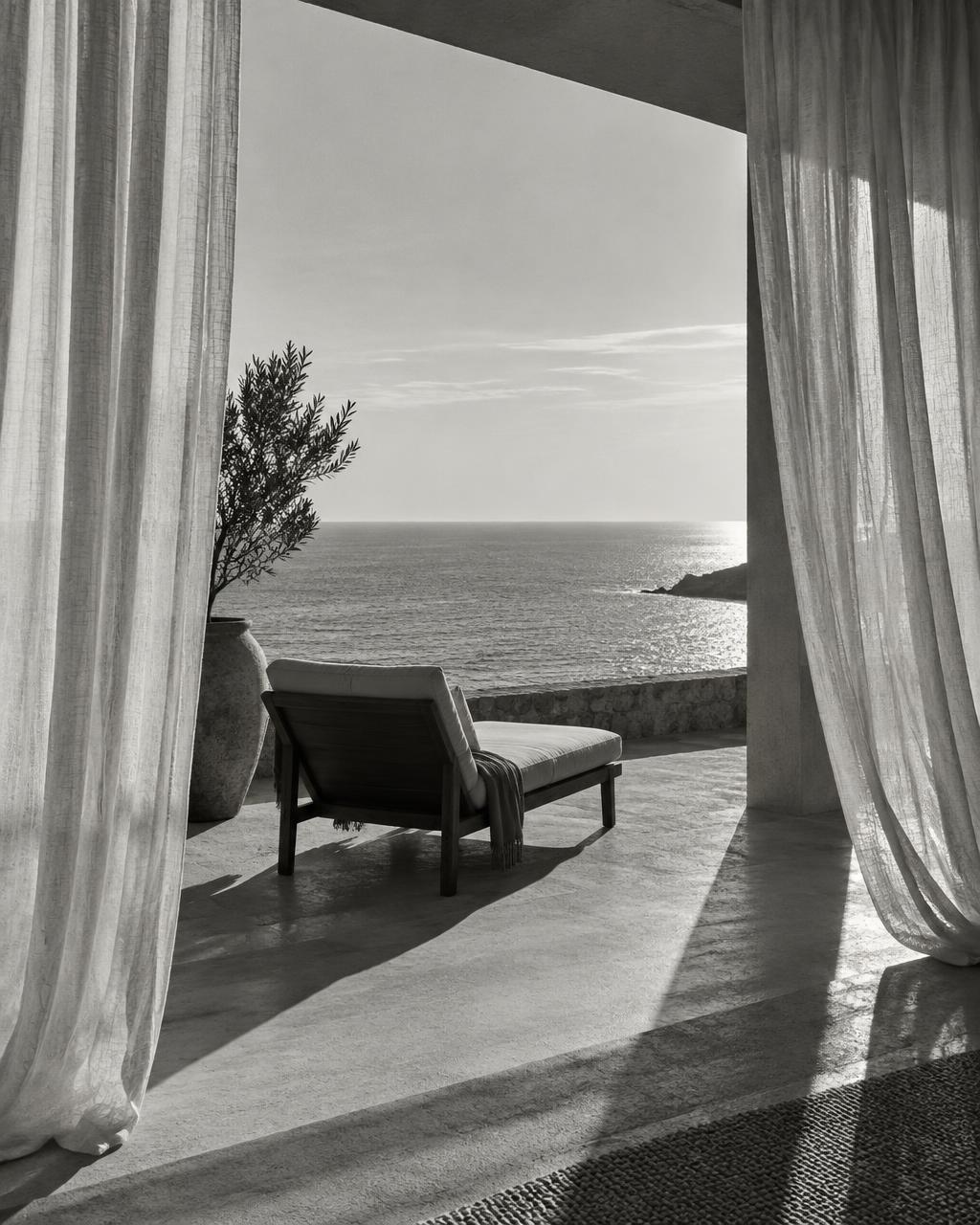 Quiet ocean retreat viewed through linen curtains